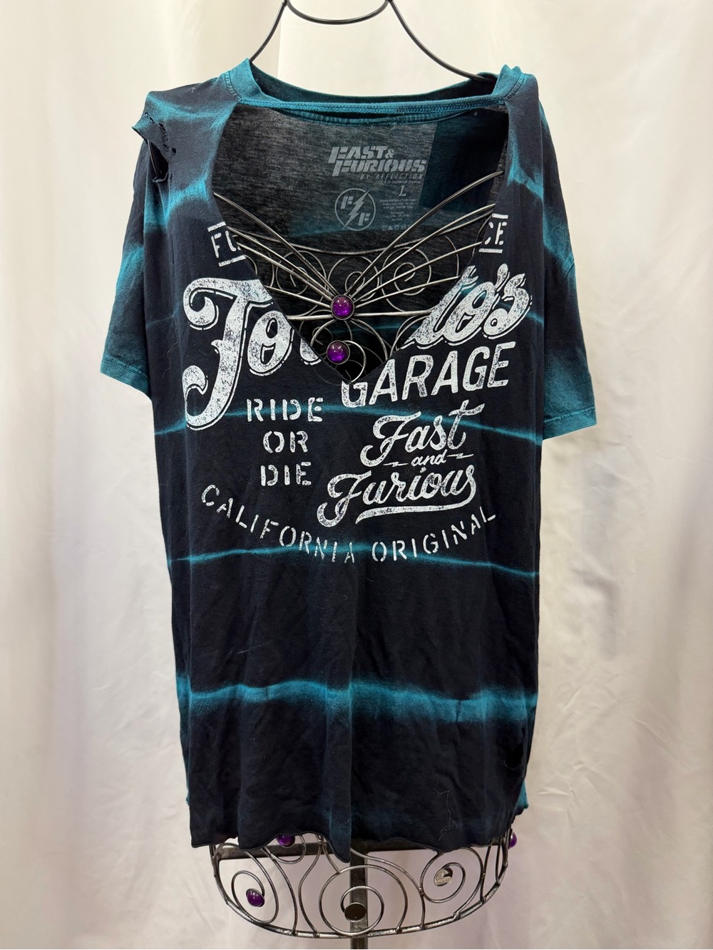NWT Fast & Furious underground garage by Affliction teal v neck shirt size L